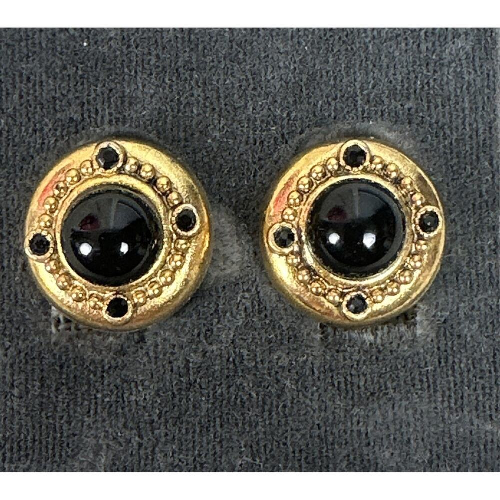 Vintage Graziano Black Stones Gold Plate Costume Clip On Earrings Signed Talbots